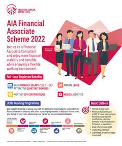 AIA Singapore introduces more than 500 financial sales advisory positions under new employment scheme providing greater financial stability to attract fresh graduates, mid-career switchers and stay-at-home-parents keen to return to the workforce 